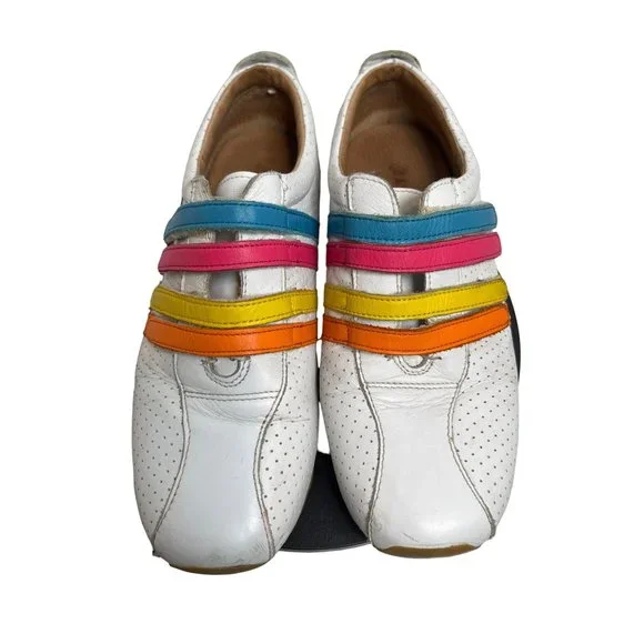 Lacoste Mystere Punched Sneakers Rainbow Straps White Leather Womens Sz. 6 - Picture 2 of 8